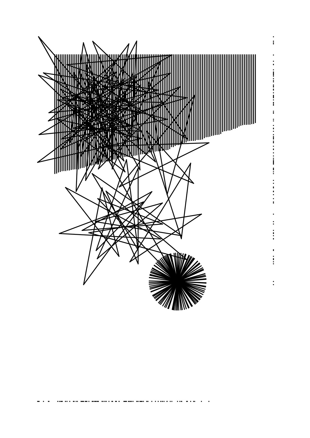 White background with black vertical lines, dots, chaotic lines and lines as a circle